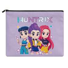 Miniso 可愛 Q 版 Huntrix 化妝包，三位角色 & "HUNTRIX" Logo 印花帆布拉鍊收納袋，便攜式化妝品、旅行與日常用品收納袋 - 10x8.1英寸 - 查看 4