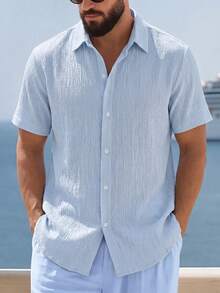 Men's Solid Color Short Sleeve Front Button Casual Shirt, Textured Fabric, Suitable For Leisure, Daily Wear, Holiday Gift - Baby Blue - View 3