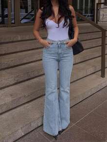Women's Light Blue Flared Jeans, Stretchy Slim-Fit All-Match Style Bell-Bottom Long Pants - Blue - View 1