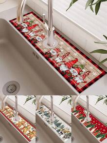 1Pc 10*38cm Christmas Gingerbread Man, Christmas Gnome Dish Drying Mat, Winter Forest Snowflake Snowman Christmas Kitchen Dish Drying Mat, Red White Green Christmas Tree Snowflake Theme Dish Drying Mat, Polyester Material Dish Drying Mat, Christmas Decoration Dish Drying Mat, Suitable For Kitchen, Faucet Splash Guard, Kitchen And Dining Table Accessories Decor, Holiday Decoration, Christmas Holiday Home Decor. - Multicolor - View 1