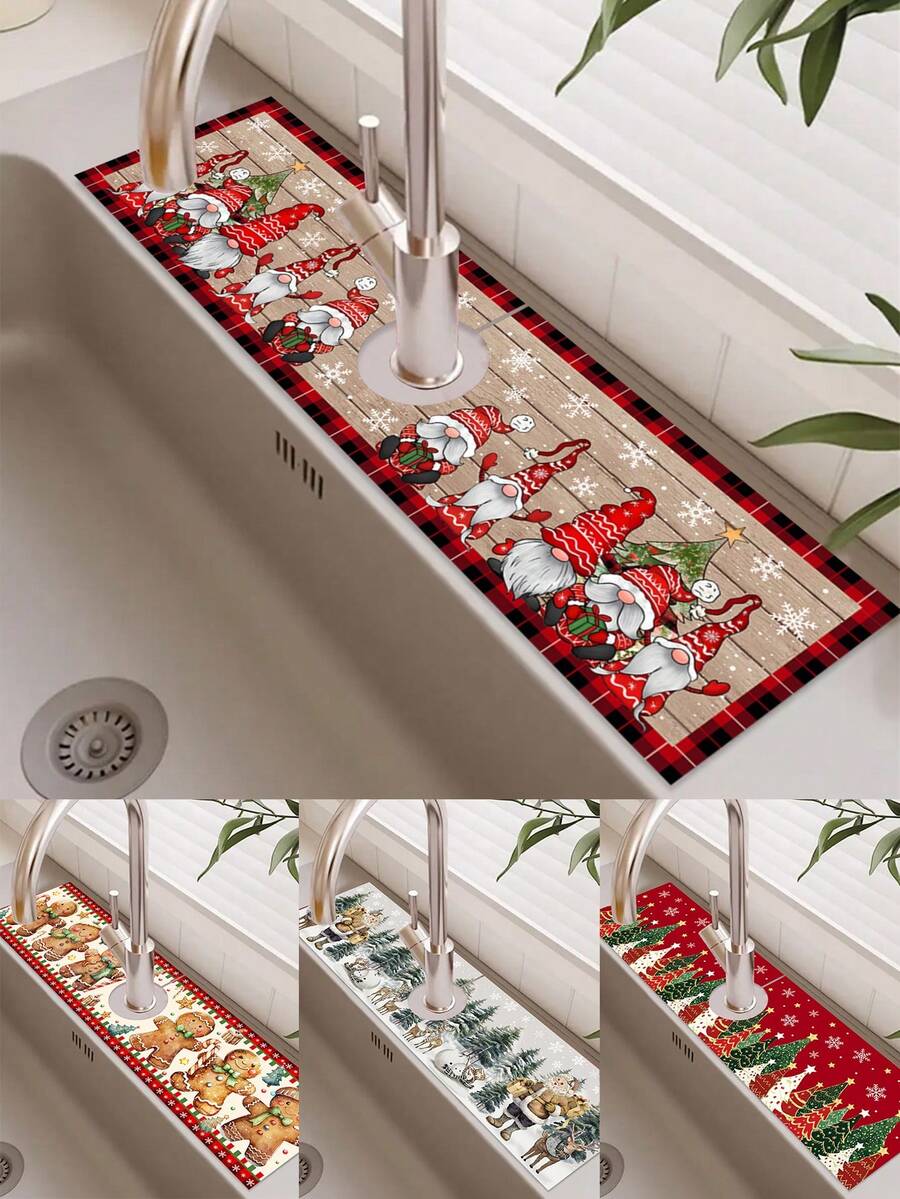 1Pc 10*38cm Christmas Gingerbread Man, Christmas Gnome Dish Drying Mat, Winter Forest Snowflake Snowman Christmas Kitchen Dish Drying Mat, Red White Green Christmas Tree Snowflake Theme Dish Drying Mat, Polyester Material Dish Drying Mat, Christmas Decoration Dish Drying Mat, Suitable For Kitchen, Faucet Splash Guard, Kitchen And Dining Table Accessories Decor, Holiday Decoration, Christmas Holiday Home Decor. - Multicolor - View 1