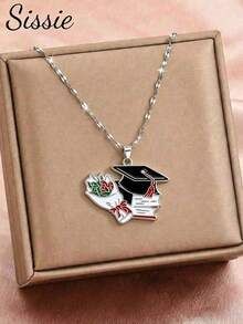 1pc Fashionable Stainless Steel Chain Decor Graduation Cap With Diploma And Tassel, Suitable For 2026 Graduation Ceremony, Class Reunion, Friends Gathering, Siblings Gathering, Graduation Season And Back To School Season. Pendant Necklace, Suitable For Teens, College Students, Classmates, Friends, Siblings, Graduates. Graduation Season And Back To School Season Jewelry Accessory Gift. - Silver - View 4