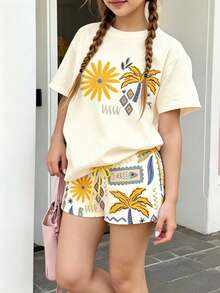 1pc Girls Casual T-Shirt, Light Apricot Tropical Coconut Tree & Daisy Print Round Neck Short Sleeve Top, Breathable Loose Bohemian Style Versatile Comfortable Daily Wear - Apricot - View 1