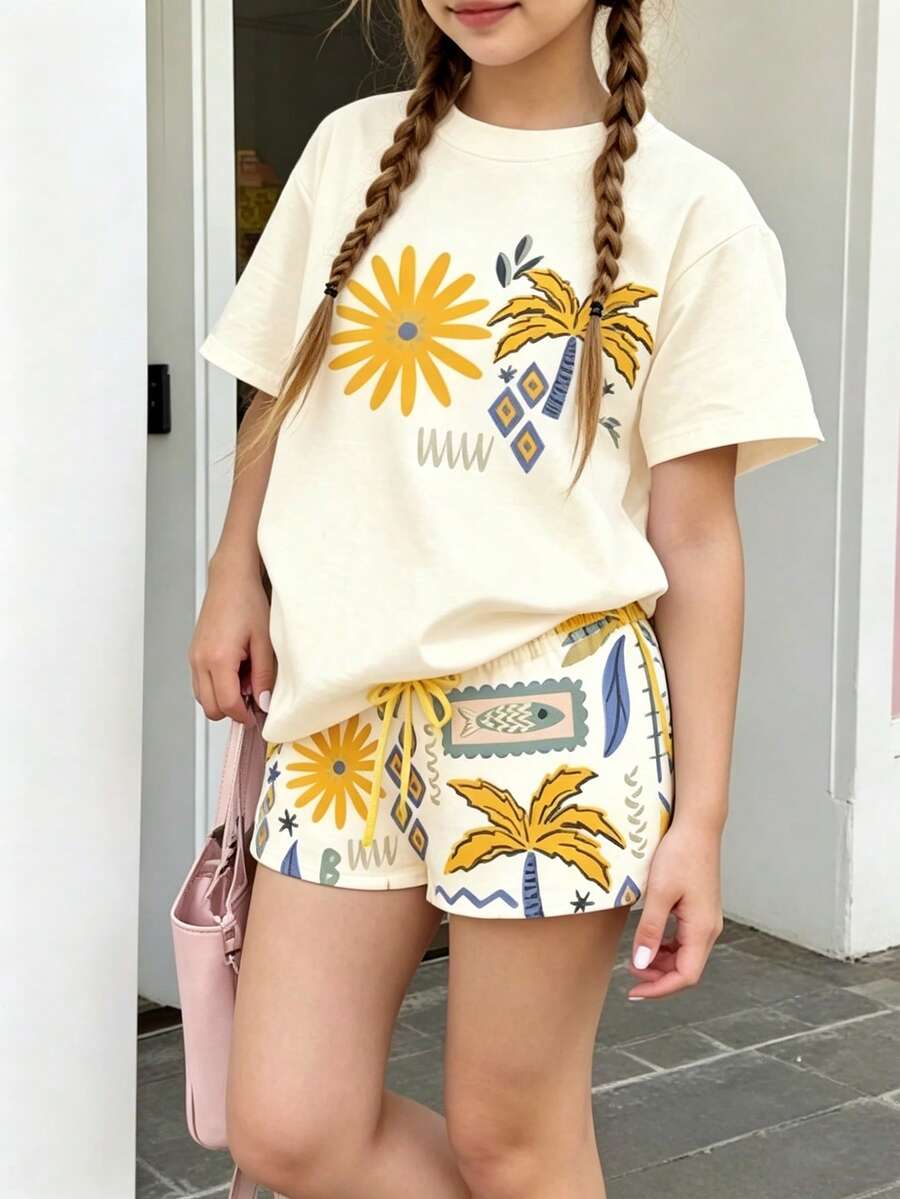 1pc Girls Casual T-Shirt, Light Apricot Tropical Coconut Tree & Daisy Print Round Neck Short Sleeve Top, Breathable Loose Bohemian Style Versatile Comfortable Daily Wear - Apricot - View 1