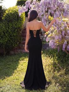 ADYCE Women's Strapless V-Neck Long Ball Gown, Rhinestone Decor Backless Slit Lace-Up Long Formal Dress, Evening Gown Wedding Party - Black - View 2