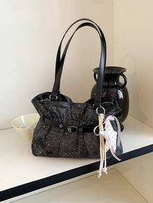 1 pieza Nuevo bolso tote para mujer, bolso de hombro y axila de gran capacidad, bolso de tela vaquera casual, decoración de herrajes de cinturón, plisado, moda callejera versátil, adecuado p - Caqui - Ver 11