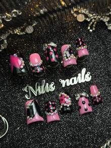 10pcs Handmade Full Coverage Short Duck Nail Tips, Pink, 3D Bow & Rhinestone & Polka Dot & Gradient Decoration, Sweet Cool Y2K Baddie Style, Removable & Reusable Fake Nails, Suitable For Party, Daily And Cosplay, Includes Jelly Glue And Nail File - Pink - View 3