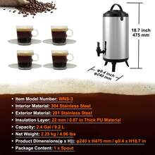 Dispenser per bevande isolato in acciaio inossidabile, 2,4 galloni 9,2 litri, dispenser termico per bevande calde e fredde con rubinetto e maniglia, di qualità alimentare per tè caldo, caffè, acqua, ristorante, bar - 12L, Rotondo - Visualizzare 11