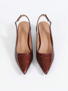 Random Crocodile Embossed Point Toe Chunky Heeled Slingback Pumps, Elegant - Bronze - View 5