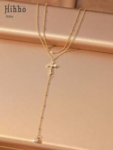 Hihho 1pc Elegant Double Layer Cross Zirconia Y-Shaped Long Necklace, Vintage Religious Cross Pendant, Cubic Zirconia Metal Chain Necklace, Suitable For Women's Daily Wear And Gatherings (Bead Spacing And Quantity On Chain Are Random) - Cross Y-shaped Chain - View 3