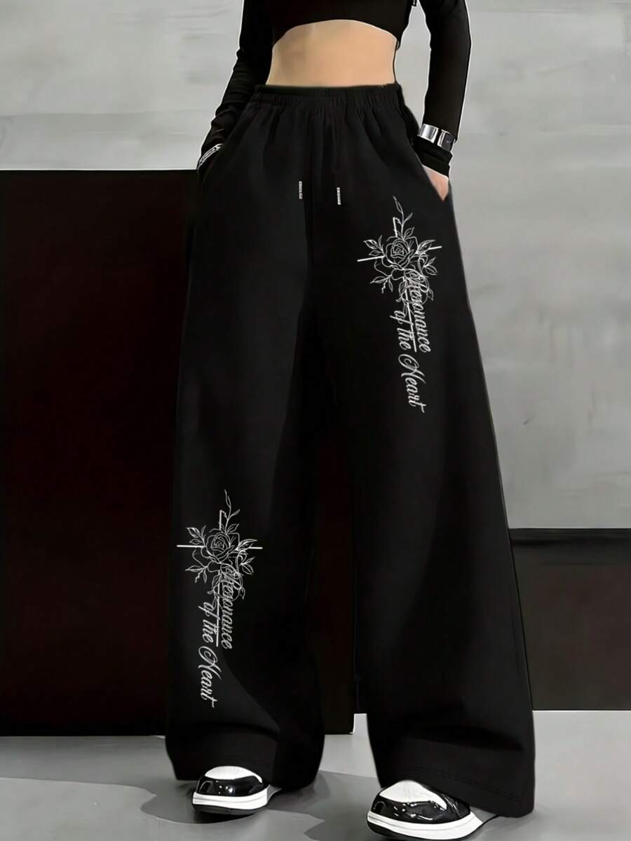 UPTAN Women's Vintage Y2K Hip-Hop Straight Leg Pants With Front Pocket, Loose Fit Black Trousers Ideal For Casual Outdoor Style, College Style, Daily Wear And Work - 黑色 - 查看 1