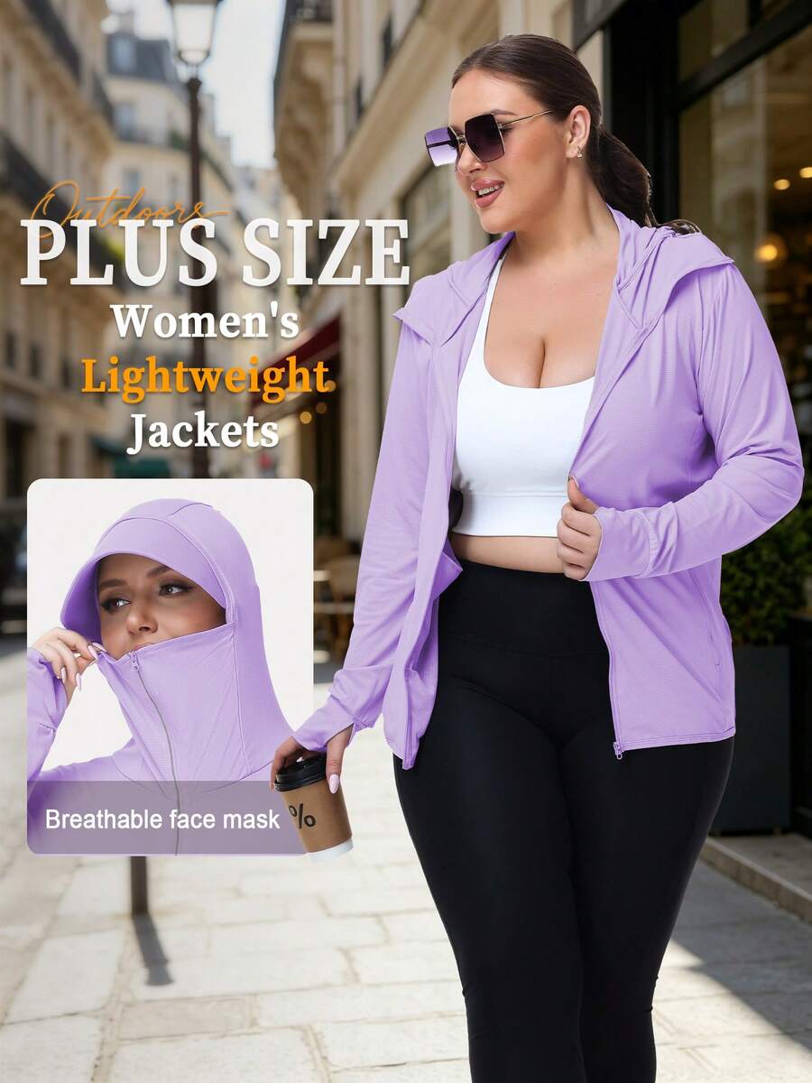 Plus Size Women's UPF 50+ UV Protection Ice Silk Breathable Hooded Thin Jacket, Summer Outdoor Sun Protection Fishing Shirt Sports - Violet Purple - View 1