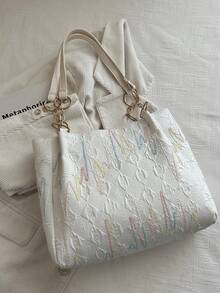 1pc Colorblock Striped Patchwork Polyester Large Capacity Zipper Fashion Shoulder Bag Suitable For Women's Daily Use - White - View 8