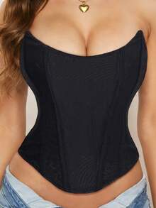 Women's Retro Strapless Sheer Mesh Corset Crop Top With Drawstring, Sexy Suitable For Music Festivals, Valentine's Day Black Summer - Black - View 9