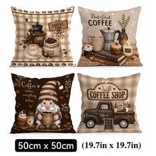 4 piezas Fundas de cojín/almohada con estampado de cuadros de café vintage impreso en un solo lado, fundas de cojín decorativas para crear ambiente en múltiples escenas, adecuadas para sala de estar, sofá, dormitorio, sin rellenos de cojín, 40x40cm/45x45cm/50x50cm - Multicolor - Ver 11