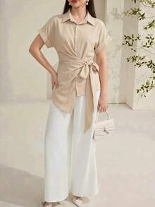 Rikumo 1pc Solid Color Woven Asymmetric/Asymmetrical Shirt, Office & Casual Wear, Summer - Apricot - View 4