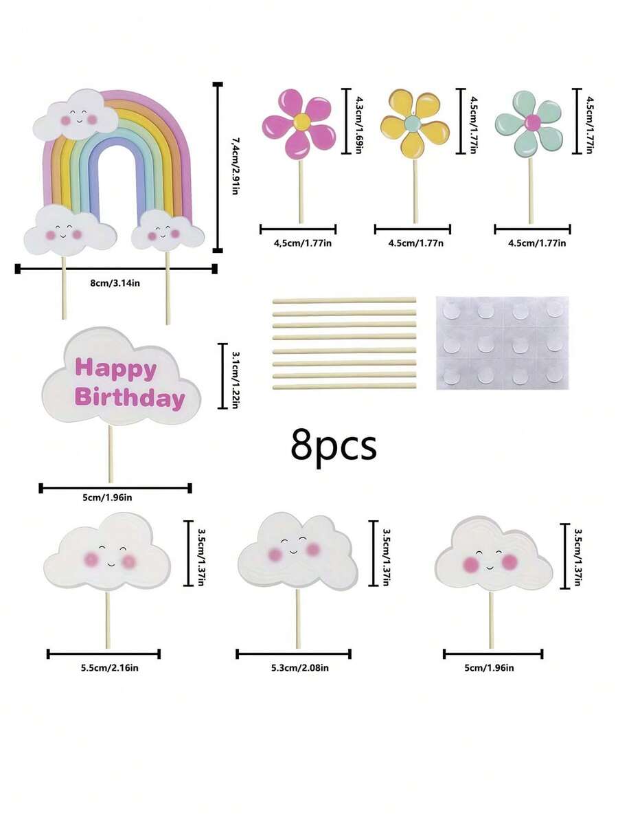 8 cái cắm trang trí bánh kem hình mây cầu vồng hoa, que cắm trang trí cupcake sinh nhật cho trẻ em - Xem 1