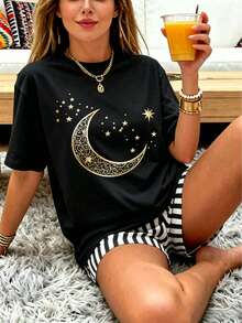 2pcs Vintage American Style Sun Moon Star Print, Striped Colorblock Casual INS Style Women's Round Neck Pajama Set, Loungewear - Black - View 4