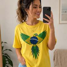 Women's T-Shirt With Green Macaw Print, Brazilian Flag Design, 100% Cotton - Yellow - View 1