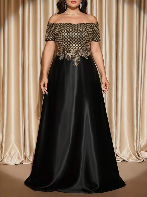 Voworia Gaun Wanita Ukuran Besar dengan Bordir Payet, Patchwork, Bahan Taffeta, Lengan Pendek, Model Off Shoulder, Motif Bunga Buatan Tangan, Elegan, untuk Pesta Malam, Pernikahan, Warna Hitam