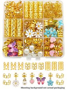 45pcs Flower-Shaped Wavy Hair Rings With Colorful Butterflies And Camellias, Multi-Shape Adjustable Romantic Garden Style Women's Dreadlock Accessories - Gold - View 2