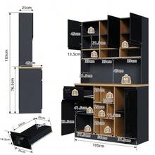 Moderner weißer Küchenschrank (105 * 45 * 185 cm), der als Sideboard oder Vitrine genutzt werden kann. Er verfügt über hochglanzlackierte Türen, Metallgriffe, verstellbare Einlegeböden, Schubladen, offene Ablageflächen und eine Kippsicherung. Geeignet für Küche, Esszimmer und Wohnzimmer. - Schwarz - Übersicht 3