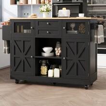 Kitchen Island, Serving Cart With Worktop, Sideboard, Wood-Finish Serving Cart, Side Towel Rack, Three-Dimensional Cupboard Doors On Casters, Adjustable Partitions, White - 黑色 - 查看 2