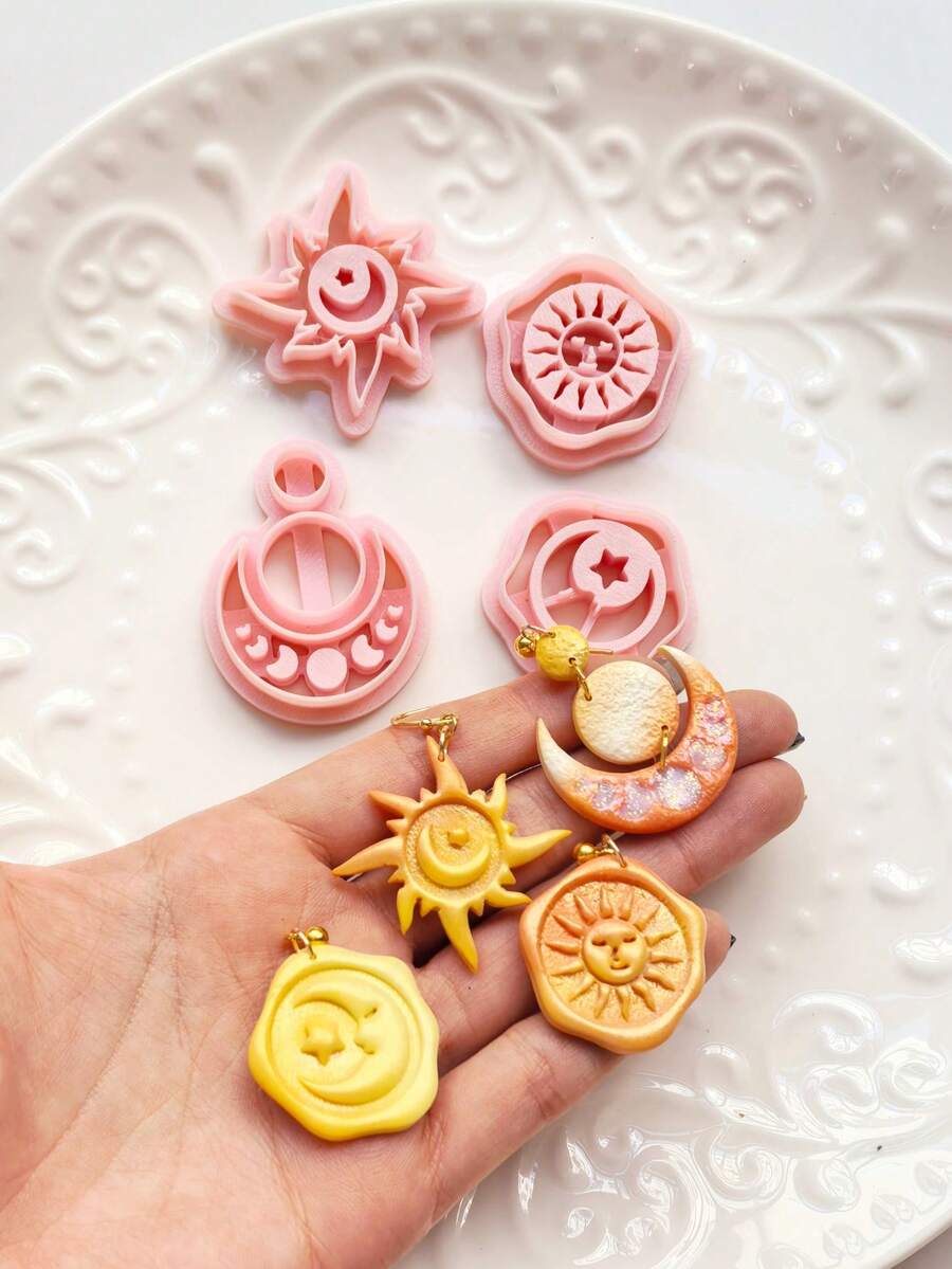 Celestial Sun & Moon Clay Cutter Mold Set, Polymer Clay Earring Making Tools, DIY Jewelry Craft Supplies, PLA Pottery Mold - Sun - View 1