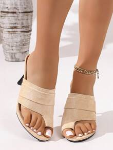 Chic Plus Size Stiletto Heel Slip-On Closed Toe Sandals, Fashionable Versatile High Heel Slides - Beige - View 3