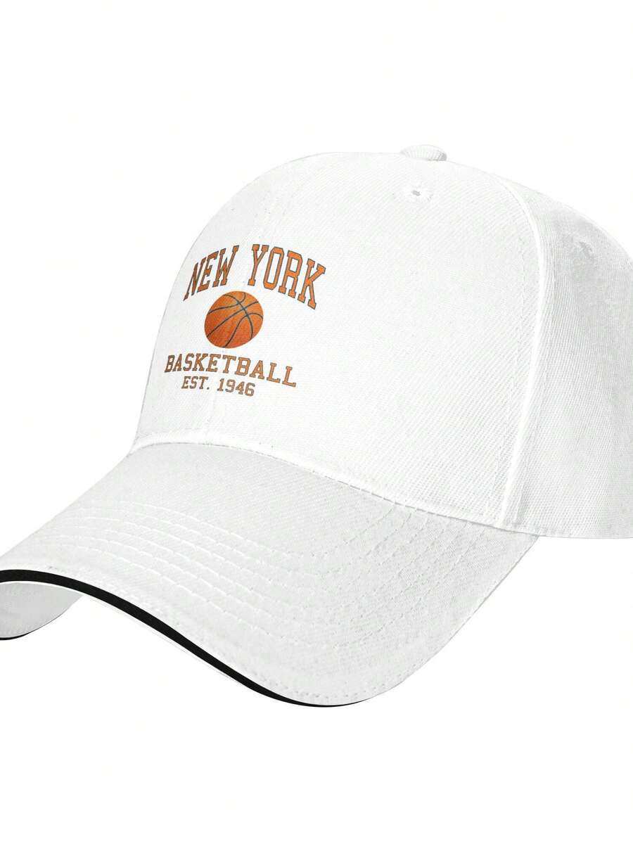 New York Knicks Varsity Print, EST. 1946 Basketball Design Breathable Cotton Printed Baseball Cap Vintage Casual Sun Hat - 白色 - 查看 1