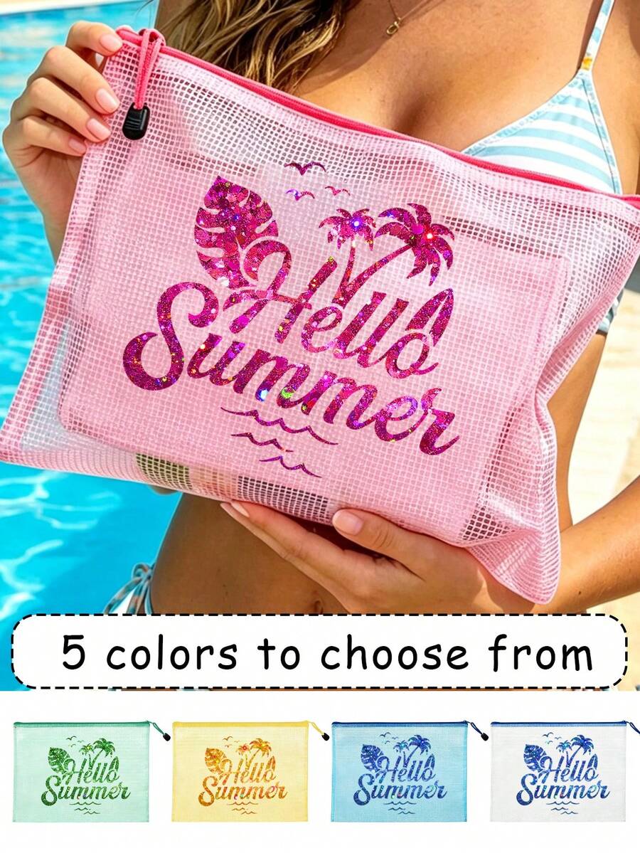 大容量防水收納袋 文具袋 亮片印花「Hello Summer」圖案化妝包 海灘主題 大容量透明化妝袋 輕量 春夏收納 適合游泳、海灘、潛水及夏季度假 學生開學季 輕量防曬收納袋 適合送給朋友、家人、女友及同學 生日、節日、派對、婚禮(伴娘)、教師節禮物與紀念品 開學季適用 - 彩色 - 查看 1
