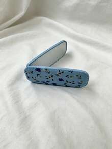 1pc Faux Leather Texture Mirror Phone Stand Makeup Mirror Adhesive Foldable Mirror Back Sticker Horizontal & Vertical Dual-Use Portable Desktop Stand - Multicolored Blue and White Flowers - View 12