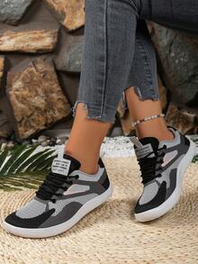 Women's Plus Size Wide Fit Lace-Up Breathable Multi-Color Patchwork Mesh Upper Daily Versatile Casual Fashion Wide Fit Sneakers - Light Grey - View 5