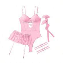Lilosy Sexy Stocking Rhinestones Heart Garter Underwire Floral Mesh Lace Sheer Babydoll Lingerie Teddy Bodysuit Skirt Set - 粉色 - 查看 4