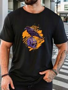 Camiseta de manga corta con estampado gráfico de Halloween para hombre, camiseta casual con estampado de cuervo y calavera, regalo festivo para él - Negro - Ver 6