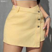 yonghongmaoyi1  ICON Falda-pantalón casual de mezclilla con bolsillo y bajo asimétrico de mujer - Amarillo - Ver 6
