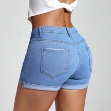 yonghongmaoyi1  Shorts en mezclilla desgarro bajo de doblez - Azul lavado medio - Ver 3