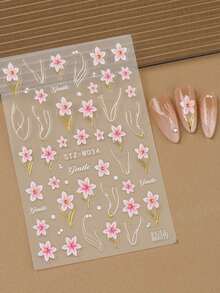 2pcs Embossed Pink Cherry Blossoms Flower French Nail Stickers Elegant Camellia Lily Floral Nail Decals With Golden Lines Wedding Nail Charms Nail Supplies Manicure - Multicolor - View 9