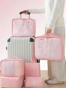 7件套大容量行李整理袋，多功能收纳袋，家居衣物收纳袋，包含旅行手提袋、束口袋、网袋、化妆包、鞋袋、瓶盖收纳袋，适用于衬衫、内衣、衣物、化妆品、洗漱用品，防水，大容量，多功能，可折叠，男女通用，适合度假旅行、便携式洗衣袋、学习用品、旅行必备品。 - 多色 - 查看 4