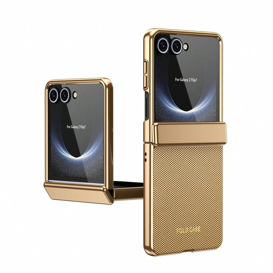 VIETAO 電鍍材質人造皮革全包覆保護手機殼,相容於 Galaxy Z Flip 7 6 5 Flip6 Flip5,附鋼化玻璃螢幕保護貼手機套 - 金色 - 查看 1