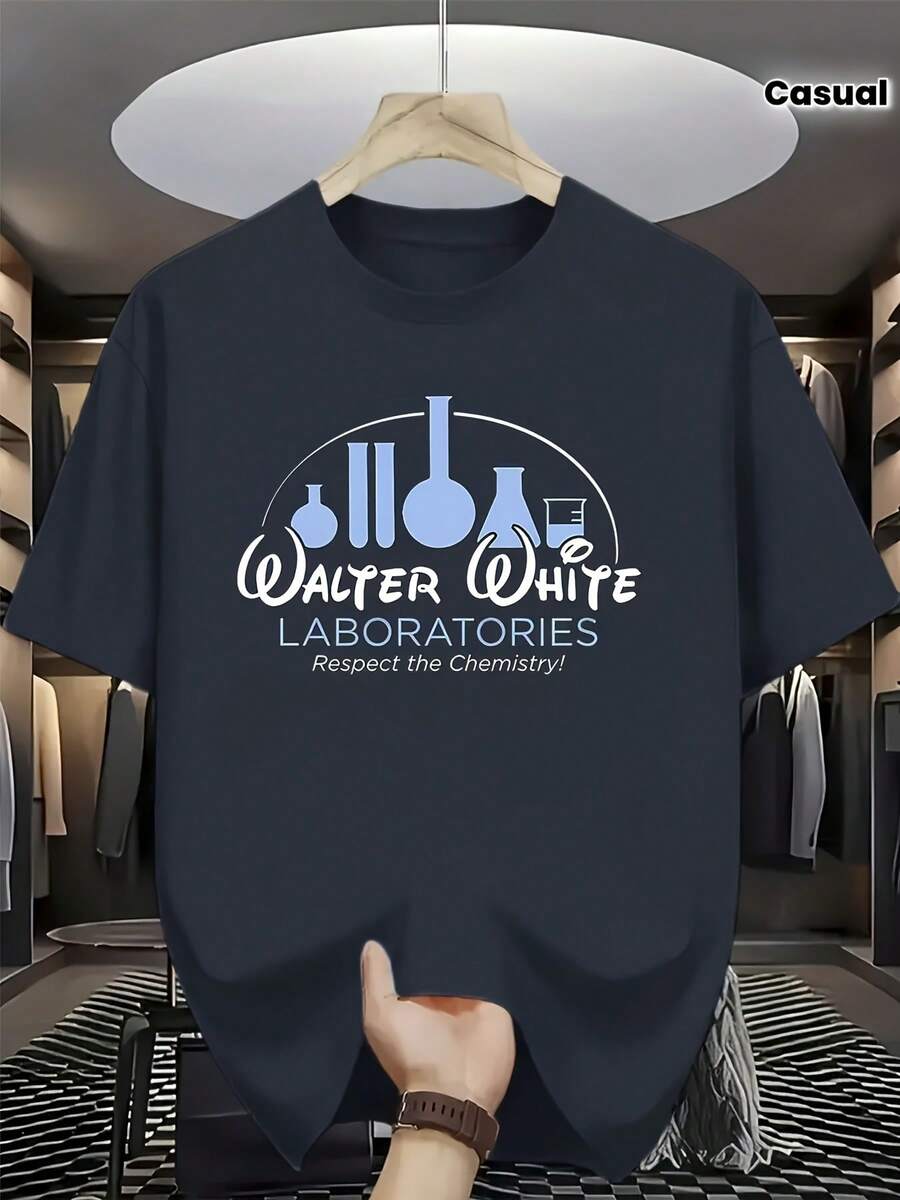 Camiseta azul oscuro con diseño gráfico de Walter White en blanco y azul claro - Estilo casual único con detalles de laboratorio, incluye el texto "LABORATORIES" en mayúsculas y "¡Respeta la - Negro - Ver 1