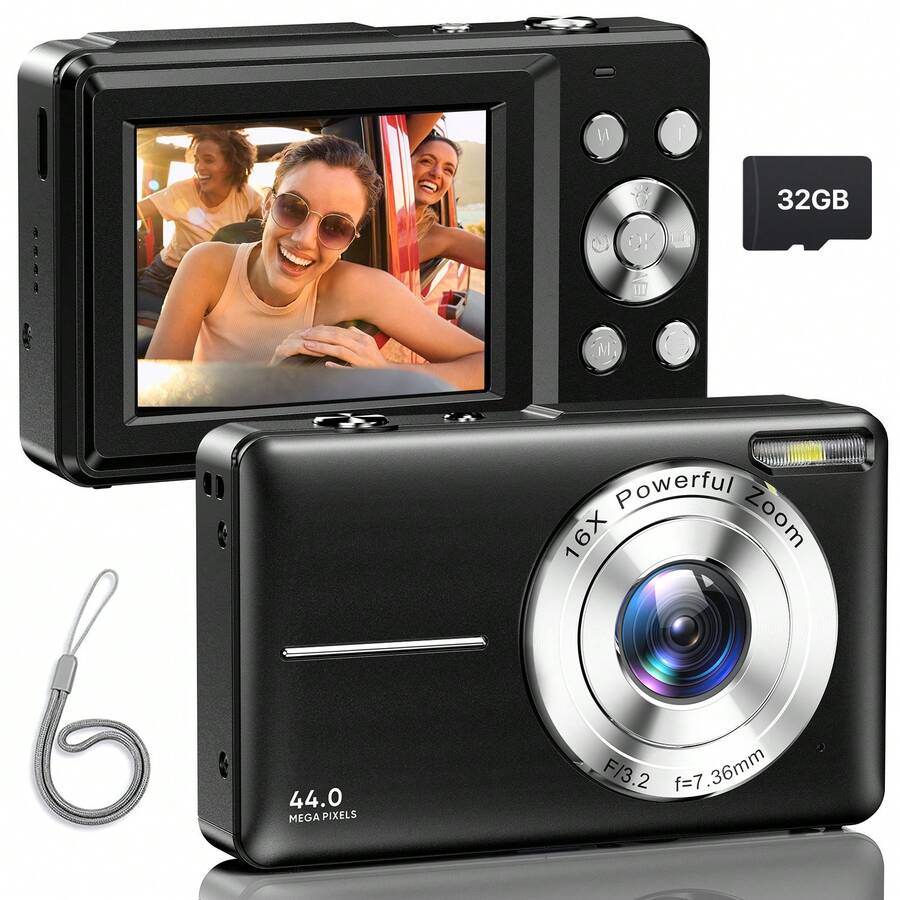 Nicamery 最新 1080P 44MP 數位相機，適合攝影、數碼隨手拍與錄影，16倍變焦 32GB 記憶卡，小型旅行相機，適合青少年與長輩禮物