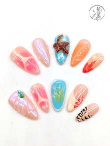 10 pezzi Unghie finte fatte a mano, forma a mandorla da 25 mm, punte rosa e blu, punte beige, linee nere dipinte a mano, design 3D a forma di stella marina, tie dye blu e rosa, linee 3D, accenti di strass blu e verdi, arte di unghie carina - Multicolore - Visualizzare 1