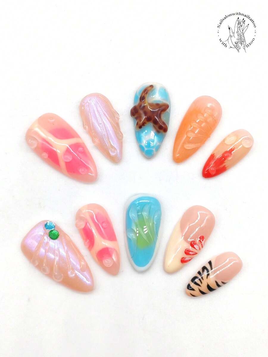 10 pezzi Unghie finte fatte a mano, forma a mandorla da 25 mm, punte rosa e blu, punte beige, linee nere dipinte a mano, design 3D a forma di stella marina, tie dye blu e rosa, linee 3D, accenti di strass blu e verdi, arte di unghie carina - Multicolore - Visualizzare 1