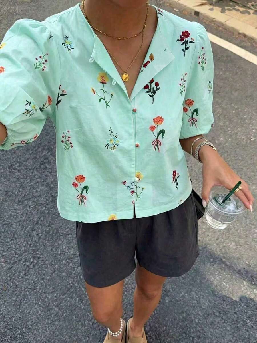 女款休閒時尚夏季法式立領彩色鈕扣短版上衣，多巴胺碎花寬鬆顯瘦Ins風百搭襯衫，度假風 - 薄荷綠 - 查看 1