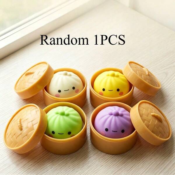 Random 1PC Cute Steamed Bun Squishy Toy, Kawaii Bao Squeeze Ball With Bamboo Steamer Box, Slow Rebound Stress Relief Fidget Toy For Kids & Adults