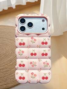 1pc, Summer Pink Cherry Blossom Flower Phone Case, Puff Air Cushion Shockproof Soft Shell With Matching Flower Lanyard, Compatible With IPhone 17/16/15/14/13/12/11 Pro Max, Girly Ins Style Phone Protective Cover, Same Style - Pink - View 5