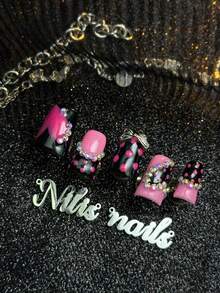 10pcs Handmade Full Coverage Short Duck Nail Tips, Pink, 3D Bow & Rhinestone & Polka Dot & Gradient Decoration, Sweet Cool Y2K Baddie Style, Removable & Reusable Fake Nails, Suitable For Party, Daily And Cosplay, Includes Jelly Glue And Nail File - Pink - View 4