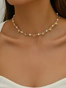 1 pieza Collar con colgante de estrella de mar metálica con cuentas, diseño de gema rosa, adecuado para uso diario y de viaje - Multicolor - Ver 7
