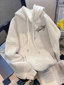 大尺碼女款字母 Malibu 海龜卡通圖案印花時尚薄款連帽長袖休閒運動衫 - 灰色 - 查看 3